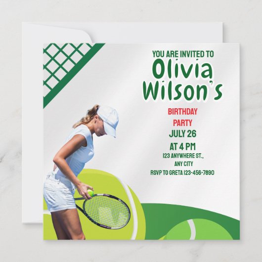 Tennis Birthday Party, Tennis Player Girl Invitat Einladung (Vorderseite)