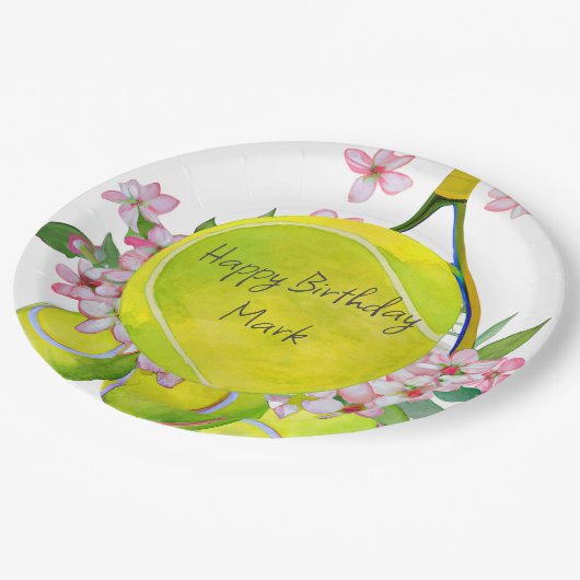 Tennis Birthday Player Party Wasserfarbe Pappteller (Schrägansicht)