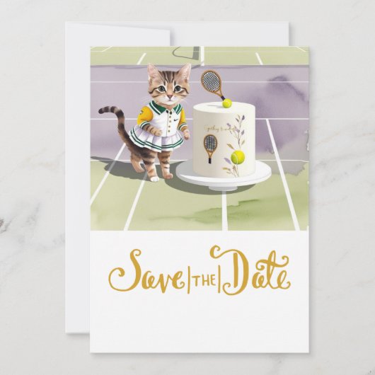 TENNIS CAT PLAYER mit Cake Party vor Gericht Save The Date (Vorderseite)