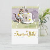 TENNIS CAT PLAYER mit Cake Party vor Gericht Save The Date (Stehend Vorderseite)
