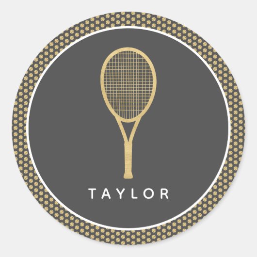 Tennis Chic Gray Gold Individuelle Name Runder Aufkleber (Vorderseite)