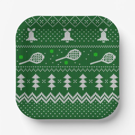 Tennis Christmas Sweater Gezwirntes Muster Grün Pappteller (Vorderseite)