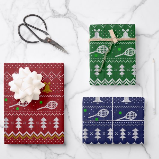 Tennis Christmas Sweater Gezwirntes Muster Xmas Geschenkpapier Set (Vorderseite)
