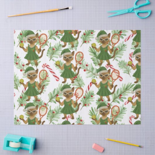 Tennis Christmas themed fir Siamese cat Lovers Seidenpapier (Basteln)