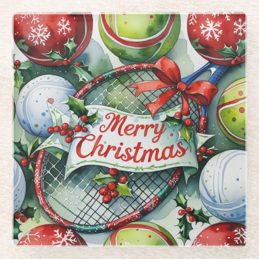 Tennis Christmas themed with racket and Santa hat Glasuntersetzer (Vorderseite)