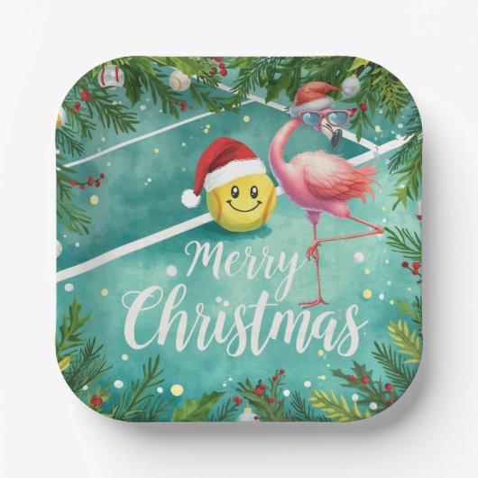 Tennis Christmas with Flamingo themed  Pappteller (Vorderseite)