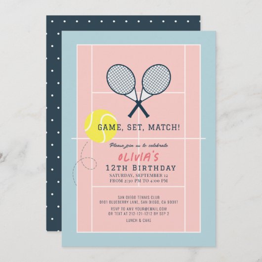 Tennis Court Racquet Pink Girl Geburtstag Einladung (Vorne/Hinten)