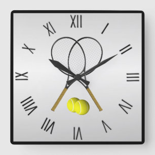 Tennis Doubles Silver Square Zahlen Quadratische Wanduhr