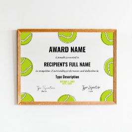 Tennis Excellence Award Certificate - Instant Poster