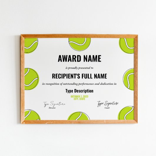 Tennis Excellence Award Certificate - Instant Poster