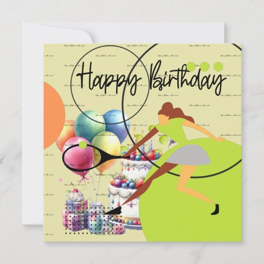 Tennis-Frau spielt Happy Birthday auf Gelb (Vorderseite)