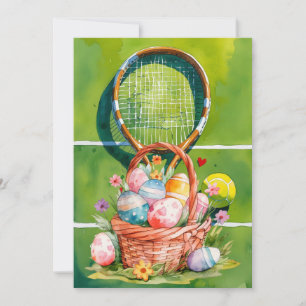 Tennis Frohe Ostern mit Osternest auf dem Spielfel Feiertagskarte