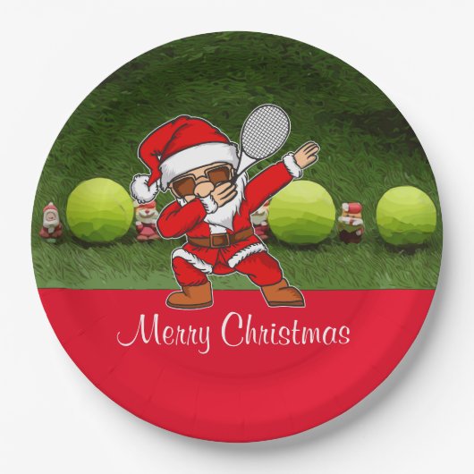 Tennis Frohe Weihnachten mit Ball und Weihnachtsma Pappteller (Vorderseite)