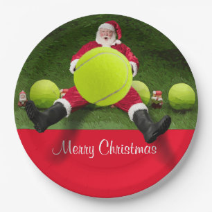 Tennis Frohe Weihnachten mit Ball und Weihnachtsma Pappteller
