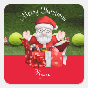 Tennis Frohe Weihnachten mit Ball und Weihnachtsma Quadratischer Aufkleber