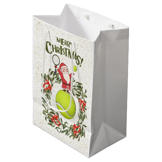 Tennis Frohe Weihnachten mit dem Weihnachtsmann Mittlere Geschenktüte (Vorderseite Schrägansicht)