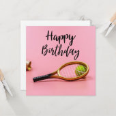 Tennis Geburtstag mit Ball und Racket auf Rosa Karte (Vorderseite/Rückseite Beispiel)