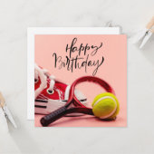 Tennis Geburtstag mit Ball und Racket auf Rosa Karte (Vorderseite/Rückseite Beispiel)