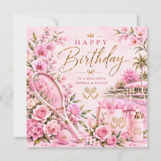 Tennis Geburtstag mit rosa Blumen (Vorderseite)