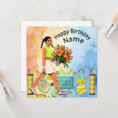 Tennis Geburtstag mit Tennisspielerin Karte (Vorderseite/Rückseite Beispiel)