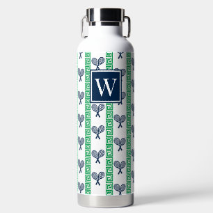 Tennis-Greek-Key-Streifen – Navy & Grünes Monogram Trinkflasche