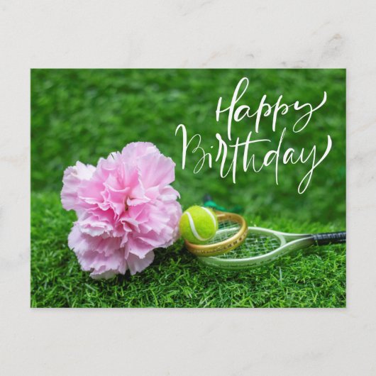 Tennis Happy Birthday mit Nation Blume Postkarte (Vorderseite)