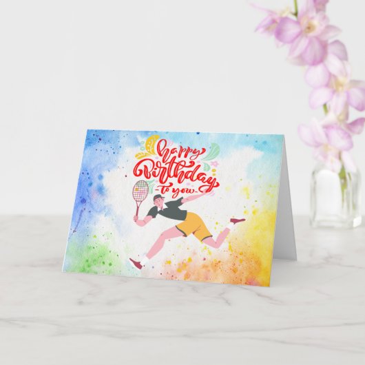 Tennis Happy Birthday Tennis Player Aquarell Karte (Orchidee)
