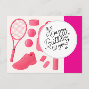 Tennis Happy Geburtstag mit Ball und Schläger pink Postkarte