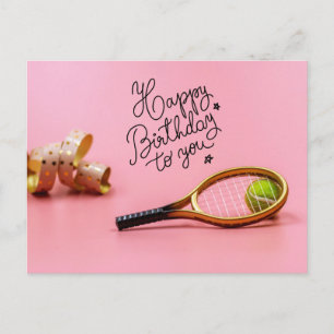 Tennis Happy Geburtstag mit Ball und Schläger pink Postkarte