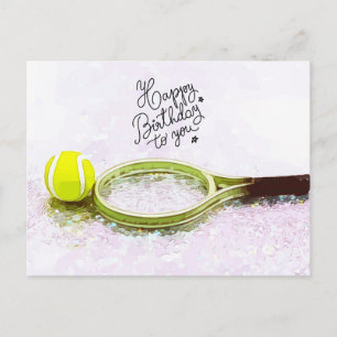 Tennis Happy Geburtstag mit Ball und Schläger Postkarte