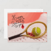 Tennis Happy Geburtstag mit Ball und Schläger Postkarte (Vorne/Hinten)