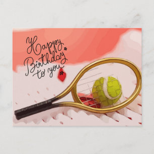 Tennis Happy Geburtstag mit Ball und Schläger Postkarte