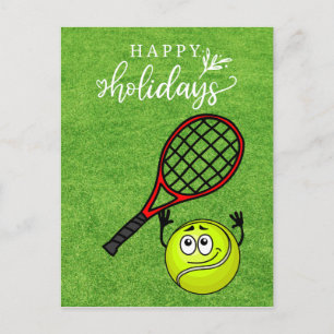 Tennis Happy Holiday mit Ball und Racket auf Grün Feiertagspostkarte