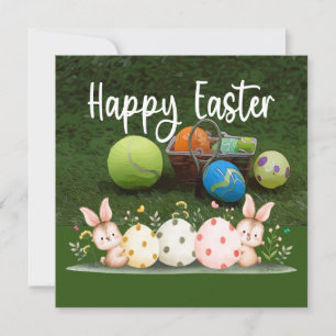 Tennis Happy Ostern mit Ball und Eiern auf Grün Feiertagskarte