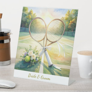 Tennis-Hochzeit mit Schläger auf dem Tennisplatz Sockelschild