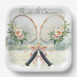 Tennis-Hochzeits-Schläger mit Blumen-Braut & Bräut Pappteller