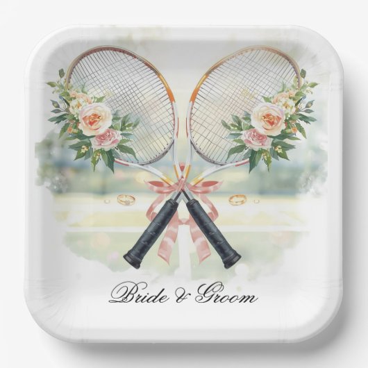 Tennis-Hochzeits-Schläger mit Blumen-Braut & Bräut Pappteller (Vorderseite)