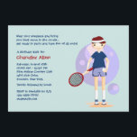Tennis Kid Einladung<br><div class="desc">Feiern Sie einen Geburtstag im sportlichen Stil mit dieser Einladung zum Tennis Kid. (VTZY) Die Karte ist leicht anzupassen mit Ihrem Wortlaut, Schriftart, Schriftart Farbe und Auswahl von sechs Papiertypen. Nicht genau das, wonach Sie suchen? Alle unsere Produkte können auf Ihre Bedürfnisse zugeschnitten werden, ohne Aufpreis. Kontaktieren Sie uns einfach...</div>