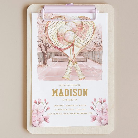 Tennis Luxury Girl Birthday Pink Gold Einladung