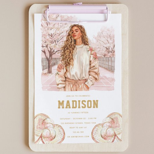 Tennis Luxury Teen Girl Birthday Pink Gold Einladung