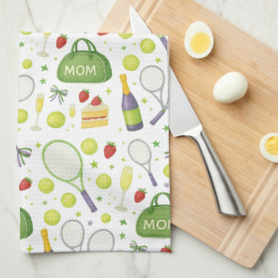 Tennis-Mama mit Schlägern und Ballen und Erdbeeren Geschirrtuch