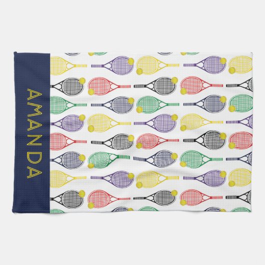 Tennis-Mehrfarbiger Personalisierter Name oder Mon Geschirrtuch (Horizontal)