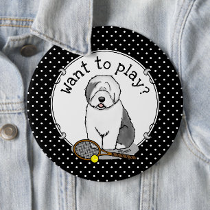 Tennis Old English Sheepdog (Grau 1) Hund Niedlich Button