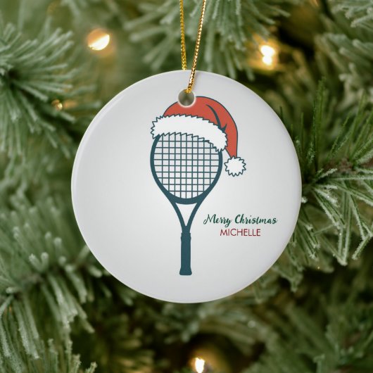 Tennis Paddle with Santa Hat Custom Christmas Keramik Ornament (Baum)