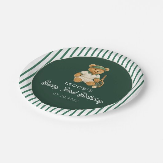 Tennis Preppy Bear 1. Geburtstag Pappteller (Schrägansicht)
