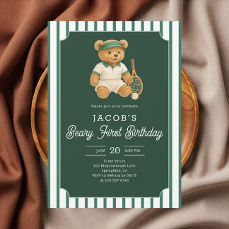 Tennis Preppy Bear 1st Birthday Invitation Einladung
