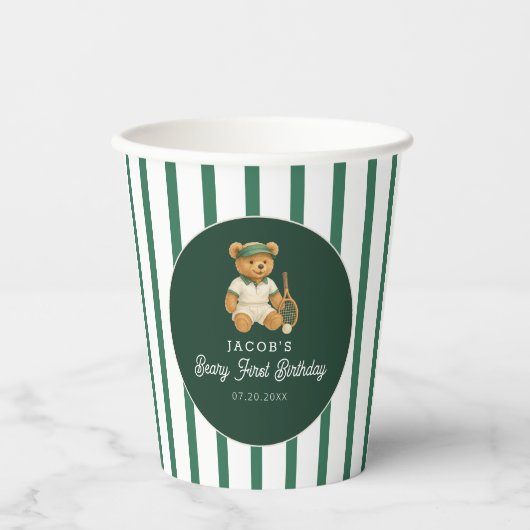 Tennis Preppy Bear Green Strip 1. Geburtstag Pappbecher (Vorderseite)