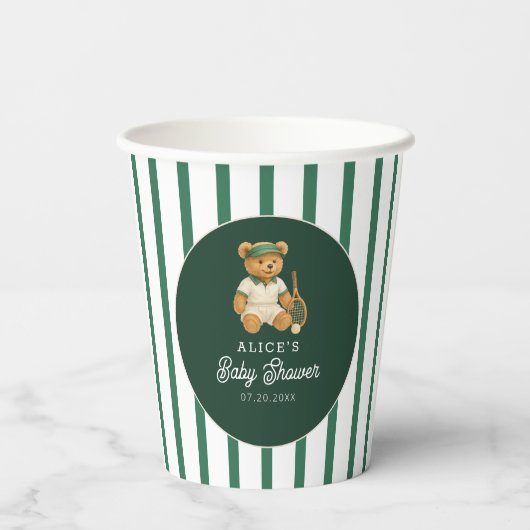 Tennis Preppy Bear Green Striping Baby Dusche Pappbecher (Rückseite)