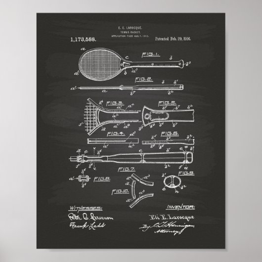 Tennis Racket 1916 Patentart - Chalkboard Poster (Vorne)