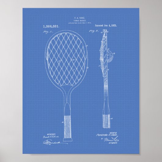 Tennis Racket 1921 Patent Art Blueprint Poster (Vorne)